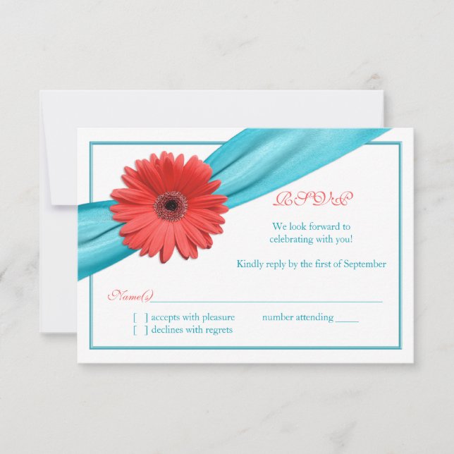Coral Gerbera Daisy Aqua Ribbon Wedding Repakarte RSVP Karte (Vorderseite)
