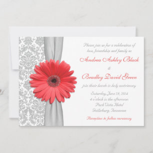 Coral Gerbera Daisy Gray Damask Einladung zur Hoch