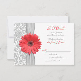 Coral Gerbera Daisy Gray Damask Wedding RSVP Card Karte