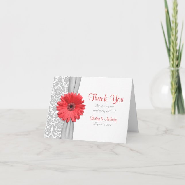 Coral Gerbera Daisy Gray Damask Wedding Vielen Dan Dankeskarte (Vorderseite)