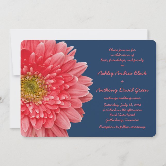 Coral Gerbera Daisy Marine Faire-part de mariage b (Devant)