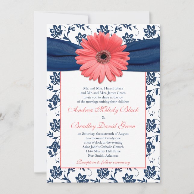 Coral Gerbera Daisy Navy Einladung zur Hochzeit vo (Vorderseite)