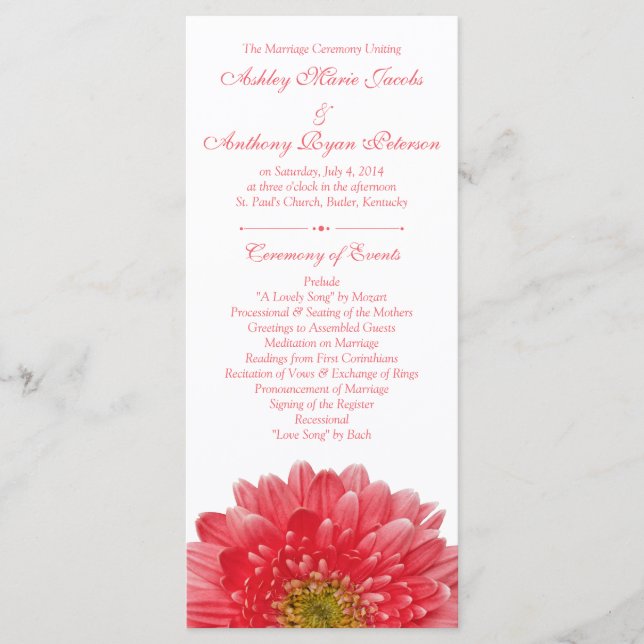 Coral Gerbera Daisy White Wedding Program Programm (Vorderseite)