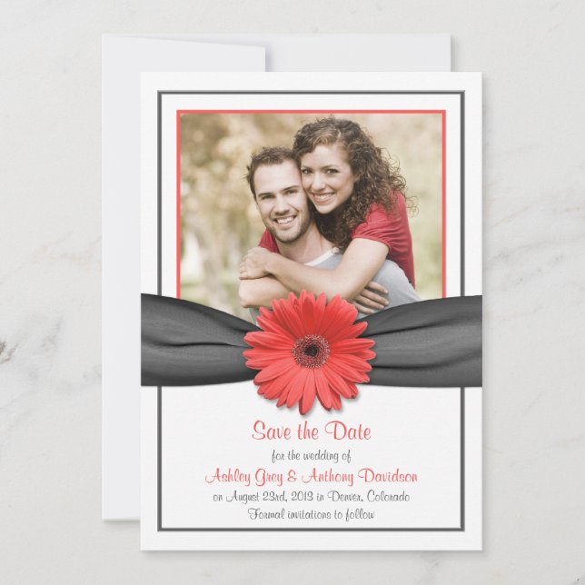 Coral Gerbera Gray Ribbon Wedding Save the Date (Vorderseite)
