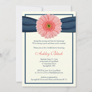 Coral Gerbera Navy Ribbon Bridal Dusche Einladung