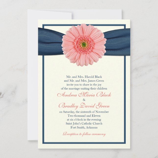 Coral Gerbera Navy Ribbon Wedding Einladung (Vorderseite)