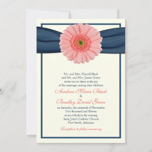 Coral Gerbera Navy Ribbon Wedding Einladung