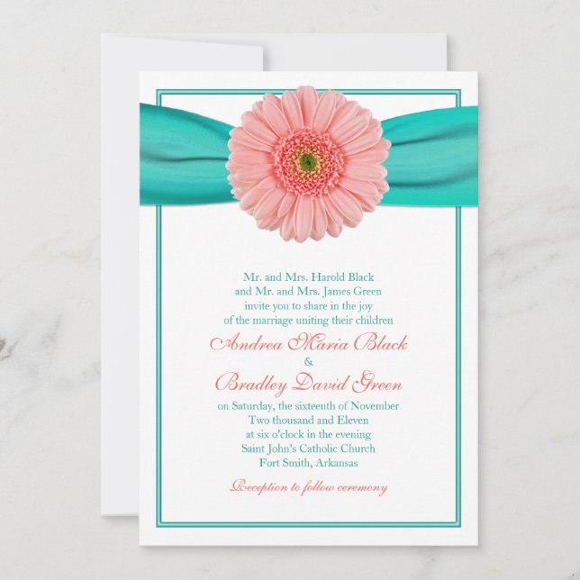Coral Gerbera Türkis Ribbon Wedding Einladung (Vorderseite)