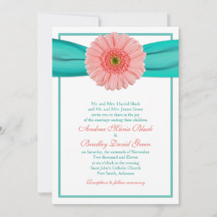 Coral Gerbera Türkis Ribbon Wedding Einladung