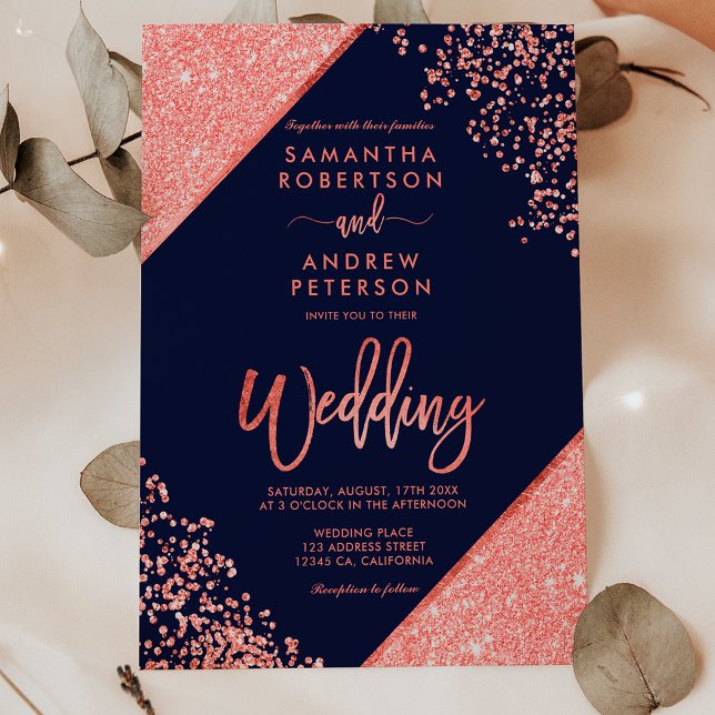 Coral Glitzer Konfetti schicke Marine Blaue Hochze Einladung (Coral glitter confetti chic navy blue wedding invitation)