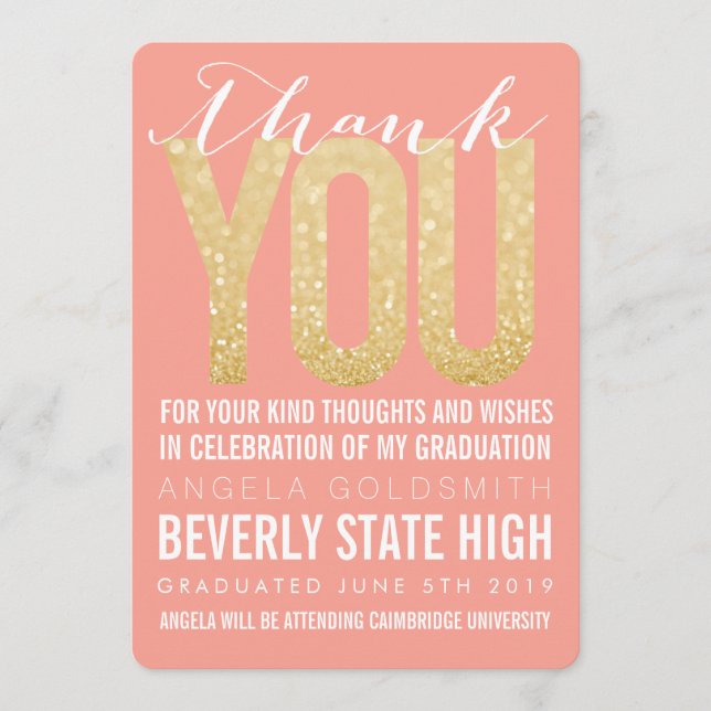 Coral Glitzer Typografie Abschluss Danke Karte (Vorderseite)
