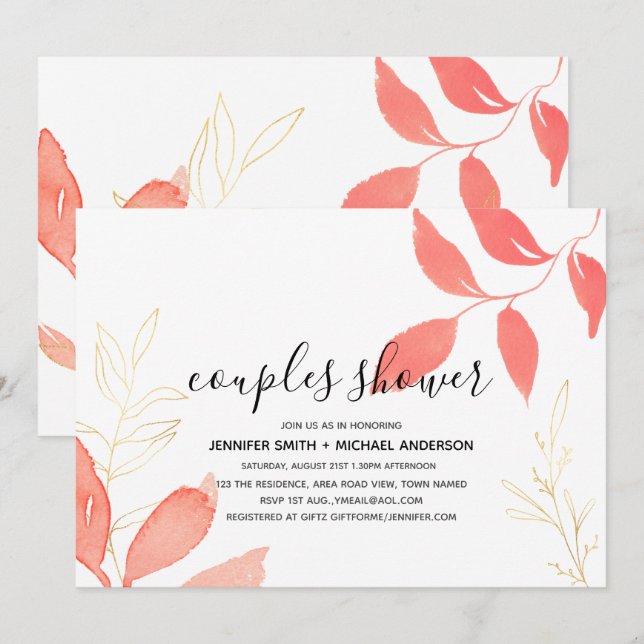 Coral Gold Botanical Weddings Brautparty Einladung (Vorne/Hinten)