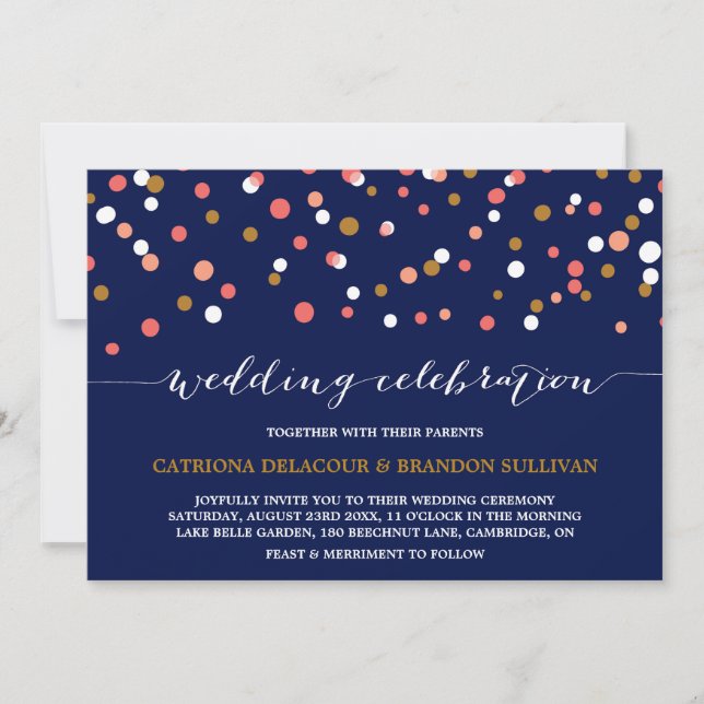Coral & Gold Confetti Dots | Hochzeit der Marine Einladung (Vorderseite)