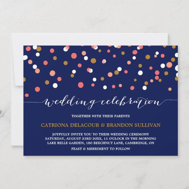 Coral & Gold Confetti Dots | Hochzeit der Marine I Einladung (Vorderseite)