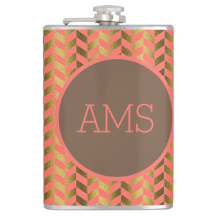 Coral & Gold Herringbone Flachmann