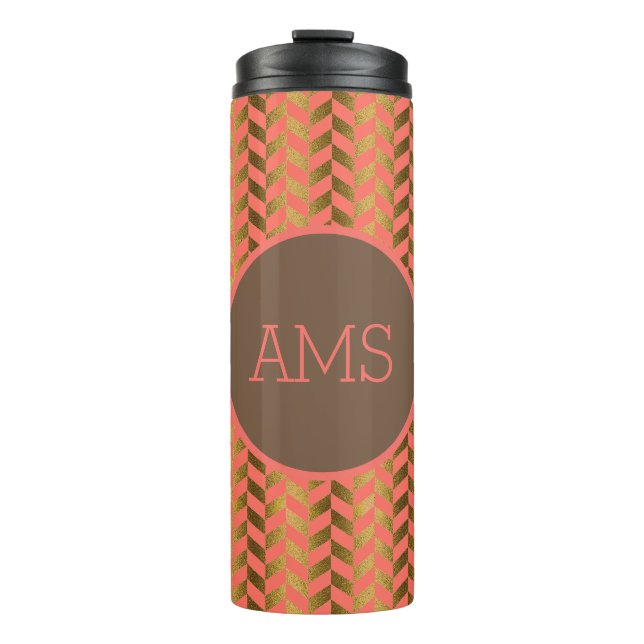 Coral & Gold Herringbone Thermosbecher (Vorderseite)