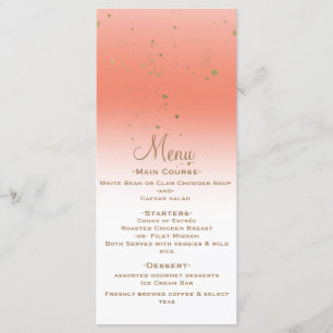 Coral Gold Moderne Glamour Konfetti-Party Hochzeit Menükarte