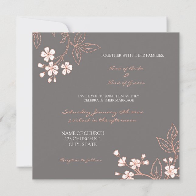 Coral Graue Bloral Foto Hochzeitskarten Einladung (Vorderseite)