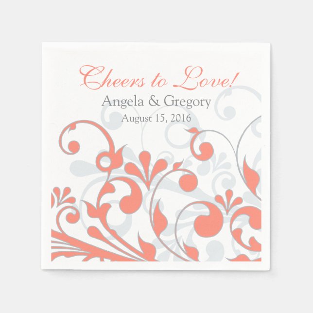Coral Gray Abtract Personalisierte Hochzeit der Fl Serviette (Vorderseite)
