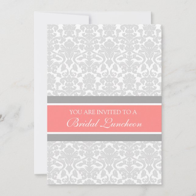 Coral Gray Damask Bridal Lunch Einladungskarten (Vorderseite)