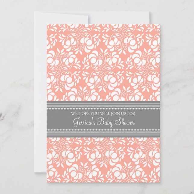 Coral Gray Damask Custom Baby Shower Einladungen (Vorderseite)
