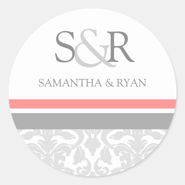 Coral Gray Damask Monogram Umschlag Aufkleber (Vorderseite)
