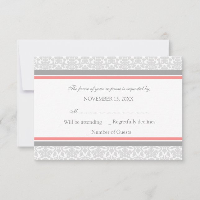 Coral Gray Damask UAWG Wedding Card RSVP Karte (Vorderseite)