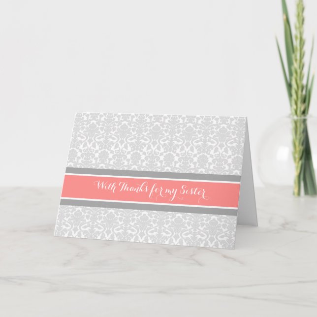 Coral Gray Damask Vielen Dank, Bridesmaid Schweste Dankeskarte (Vorderseite)