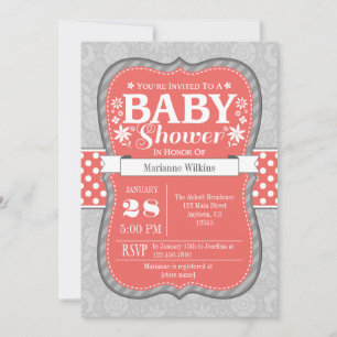 Coral Gray Floral Blume Kinderdusche Einladung