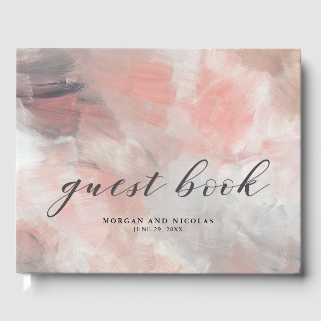 Coral Gray Moderne Abstrakte Pinselstriche Hochzei Gästebuch (Vorderseite)