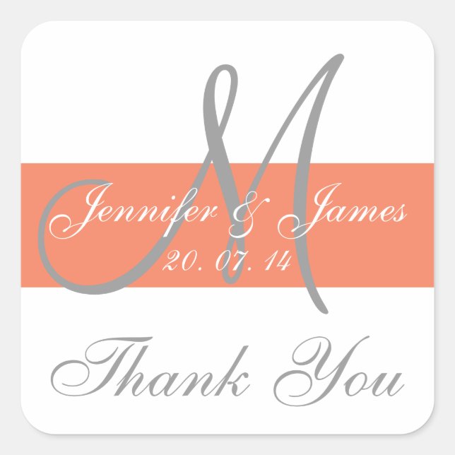 Coral Gray Monogram Wedding Danke Stickers (Vorderseite)