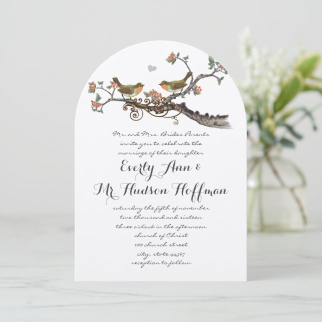 Coral & Gray Rustic Love Bird Wedite Einladung (Stehend Vorderseite)