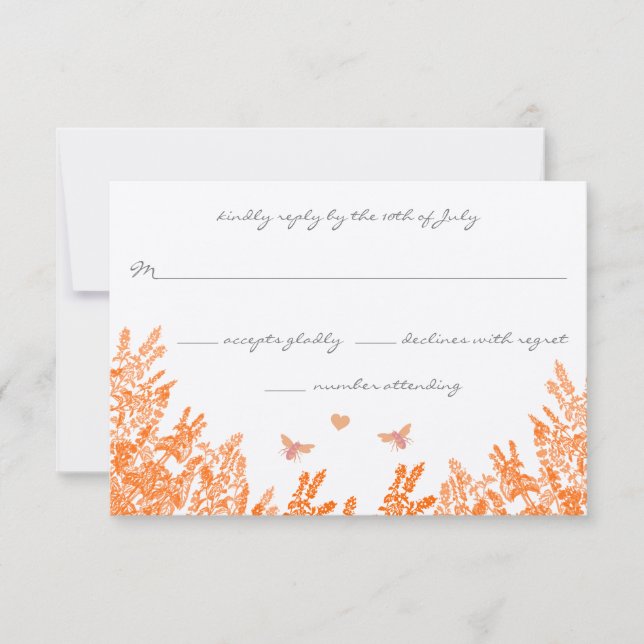 Coral & Gray Wild Blume Bee Wedding RSVP Karte (Vorderseite)