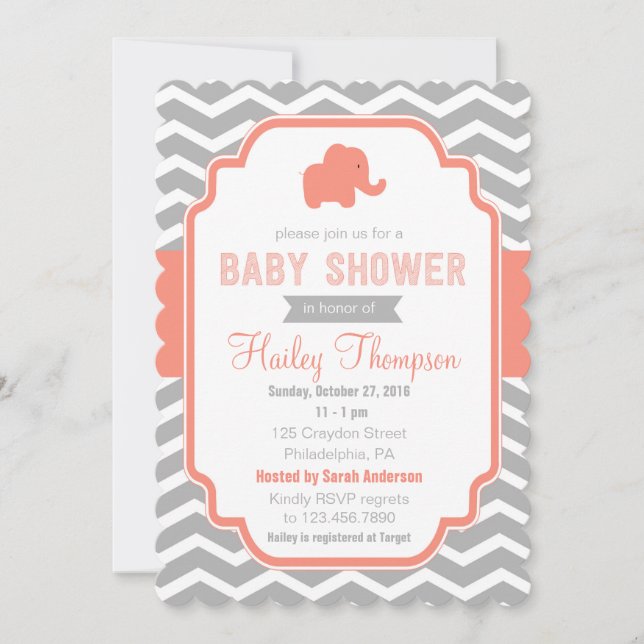 Coral Gray Zickzack Elephant Baby Dusche einladen Einladung (Vorderseite)