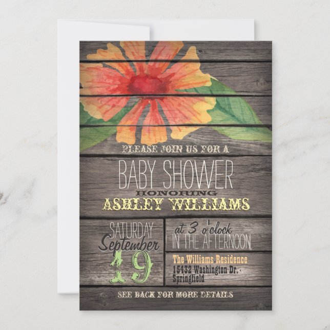 Coral & Green Blume auf Rustic Wood Baby Dusche Einladung (Vorderseite)