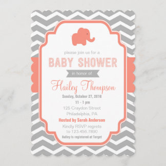Coral Grey Chevron Elephant Baby shower Invitation