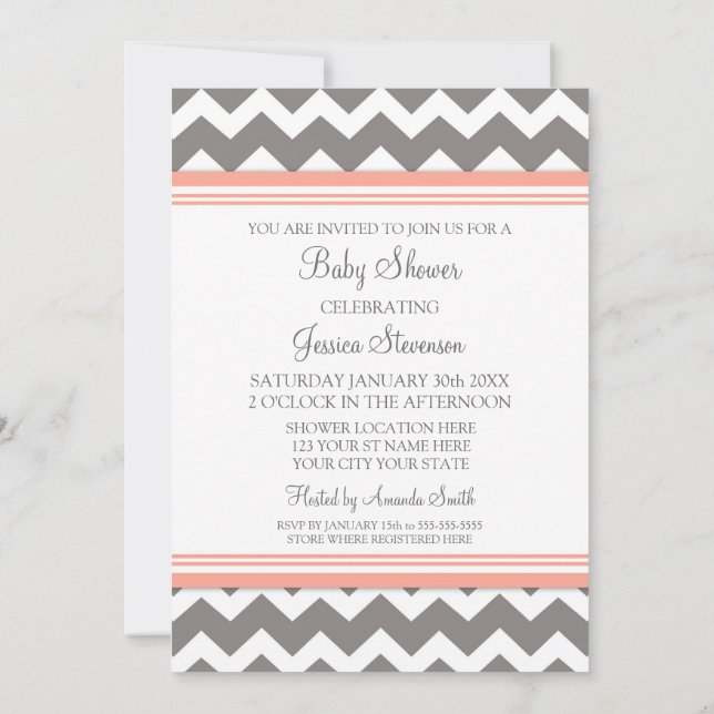 Coral Grey Chevron Invitations Personnalisées De D (Dos)