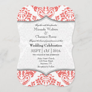 Coral Grey Damask Bracket Wedet Invitation