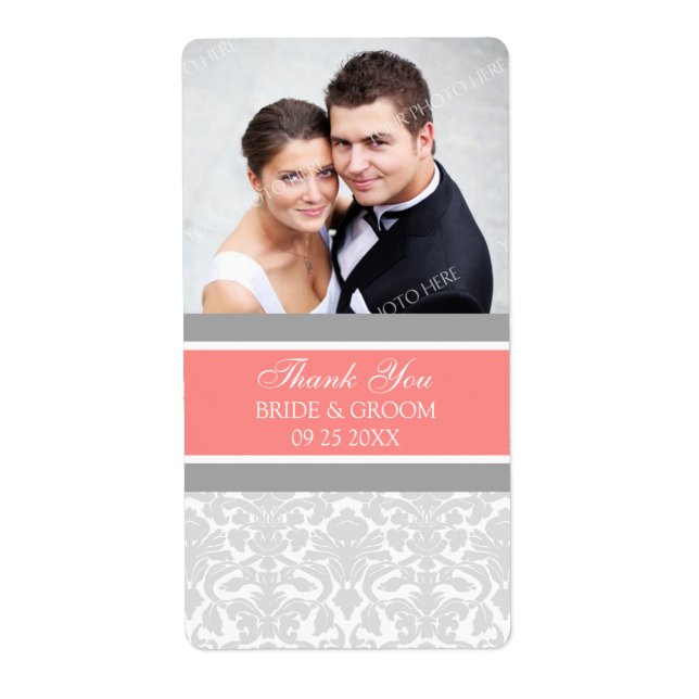 Coral Grey Damask Photo Wedding Étiquettes (Devant)