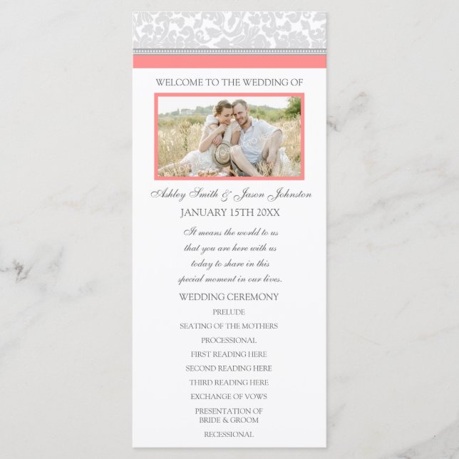 Coral Grey Damask Programme de mariage photo (Devant)