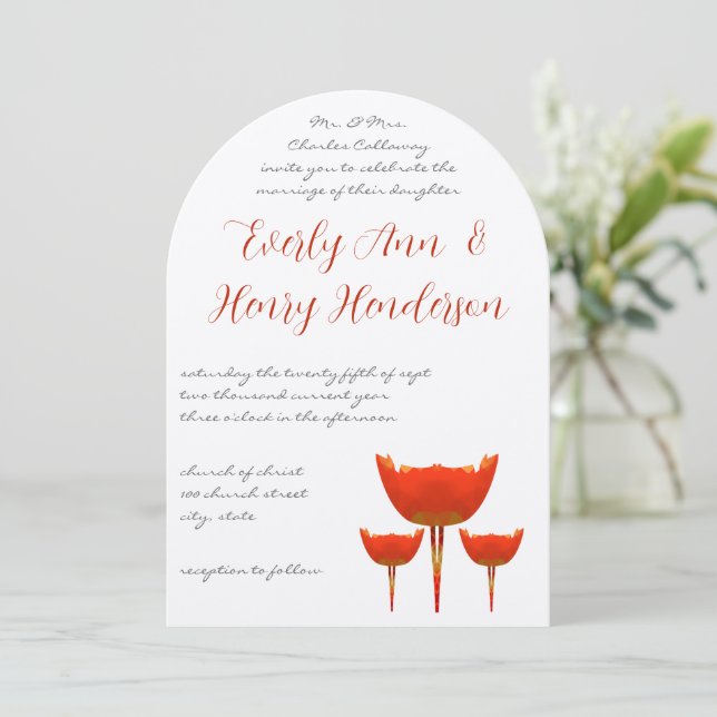 Coral & Grey Poppies Butterfly Wedding Einladung (Stehend Vorderseite)