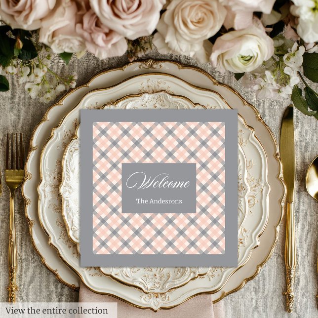 Coral Grey Tartan Napkins Personalized Modern Set Serviette (Coral Grey Tartan Napkins Personalized Modern Set)