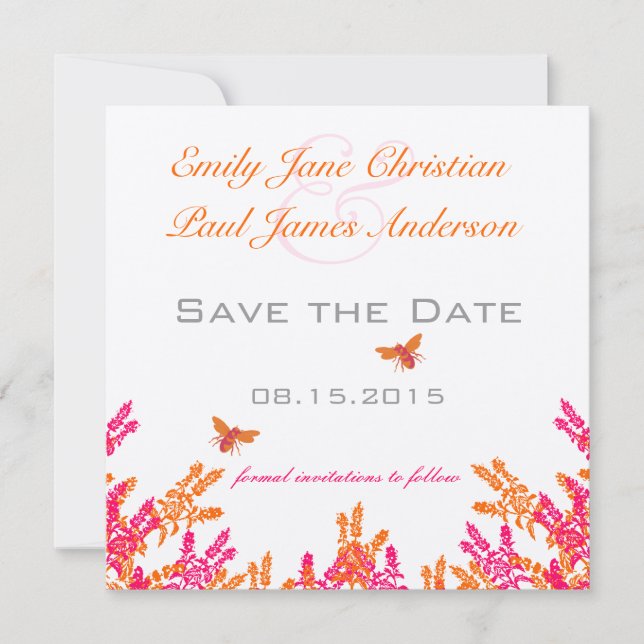 Coral & Grey Wild Blume Bee Wedding Save the Date (Vorderseite)