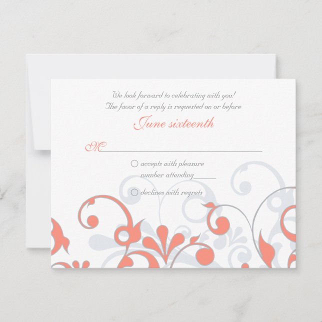 Coral gris blanc Abstrait mariage floral carte RSV (Devant)