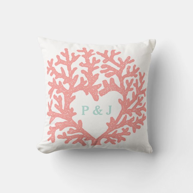 Coral Heart Aqua Beach Hochzeitdatum Kissen (Vorderseite)