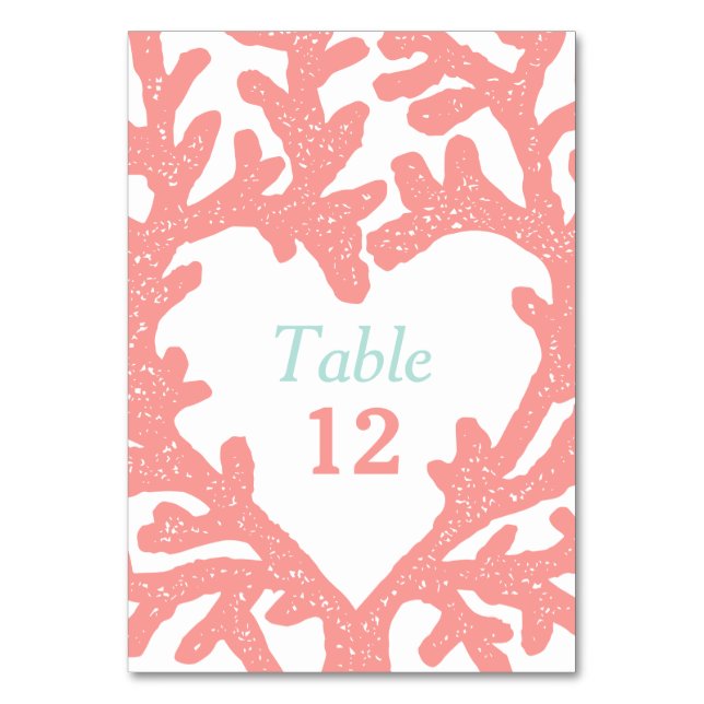 Coral Heart Aqua Beach Hochzeiten Tischnummern (Vorderseite)