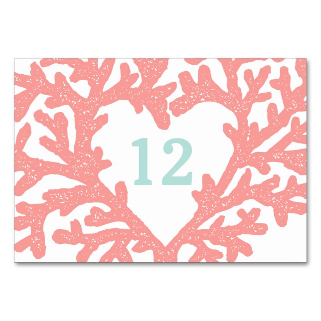 Coral Heart Aqua Beach Hochzeiten Tischnummern (Vorderseite)