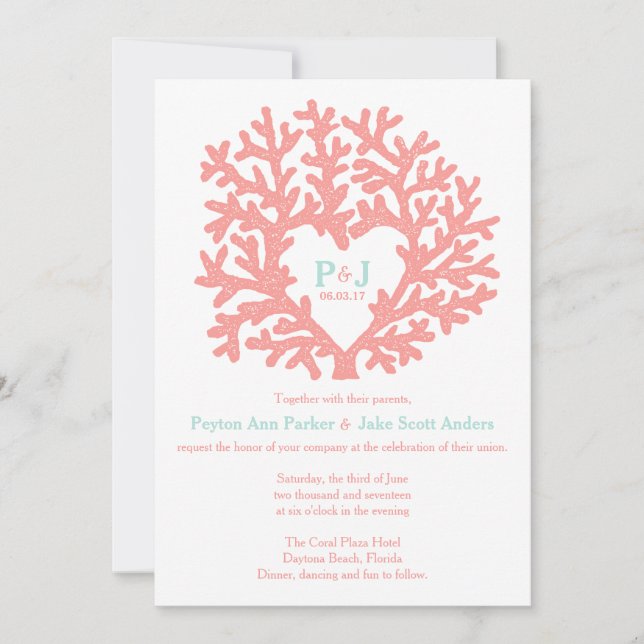 Coral Heart Aqua Beach Hochzeitseinladungen Einladung (Vorderseite)