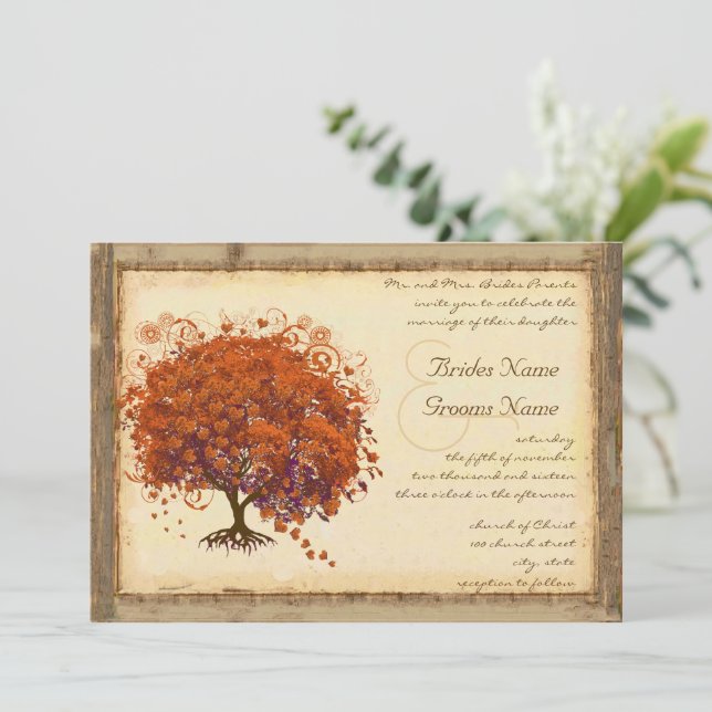 Coral Heart Leaf Tree Rustic Barn Forest Wedding Einladung (Stehend Vorderseite)