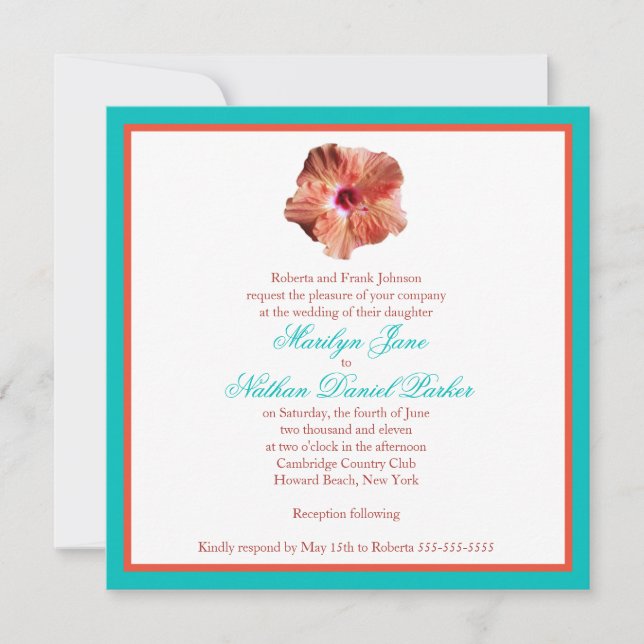 Coral Hibiskus und Aqua Wedding Einladung (Vorderseite)